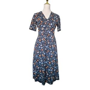 Seasalt Cornwall Quinn Dress UK 10 US 6 Blue Floral V-Neck Organic‎ Cotton